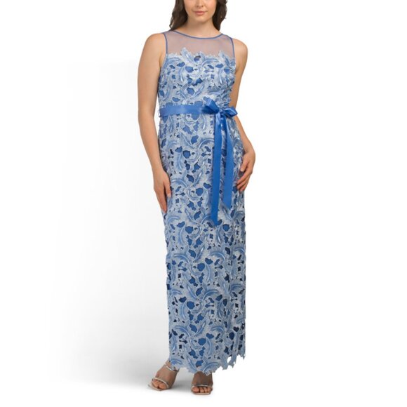 ADRIANNA PAPELL Peri Floral Lace Illusion Gown With Satin Belt